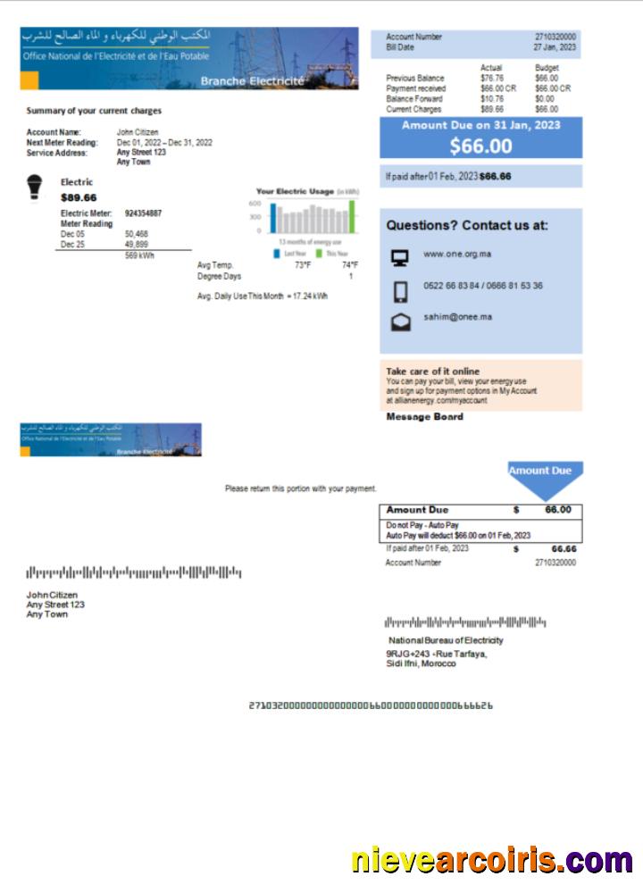 Morocco National Bureau of Electricity utility bill